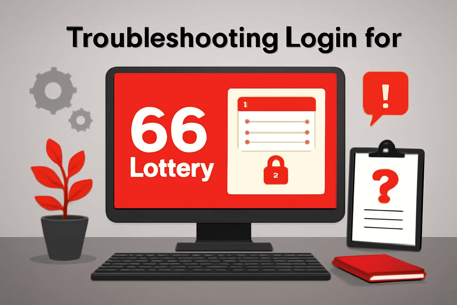 Informational scene illustrating the login troubleshooting process for 66 Lottery.